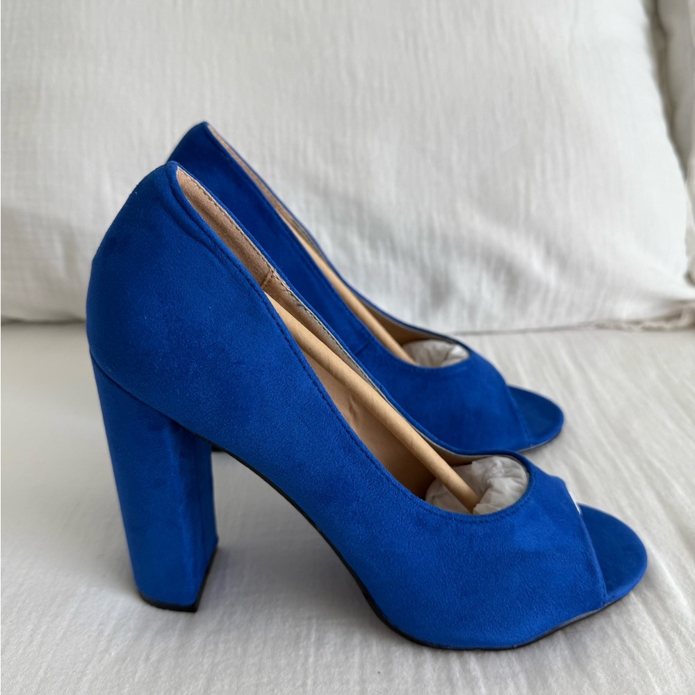 Michael Antonio blue faux suede peep toe heels